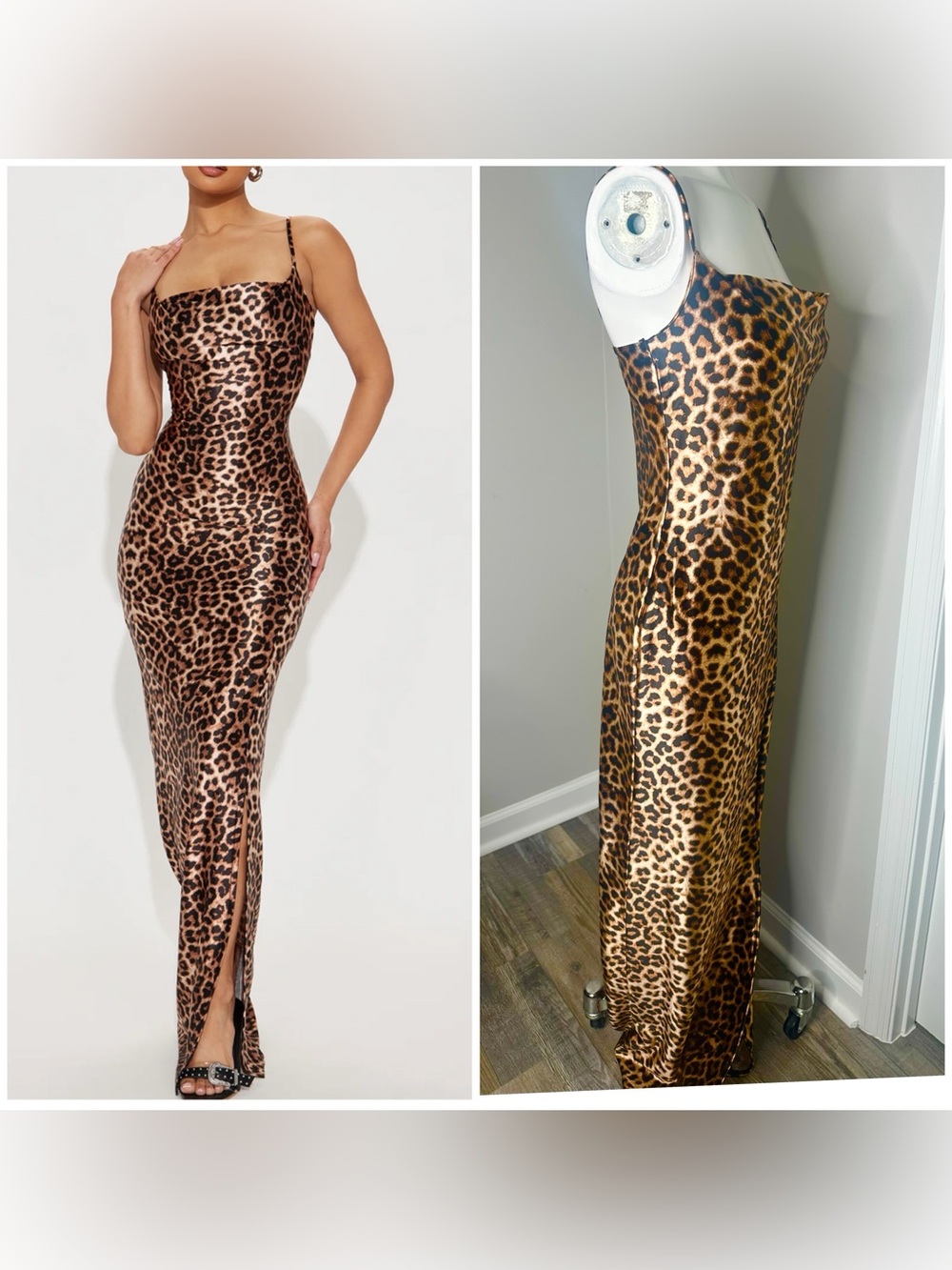Fashion Nova Leopard Print Slip Satin Maxi Dress - Brown- NWT- MEDIUM